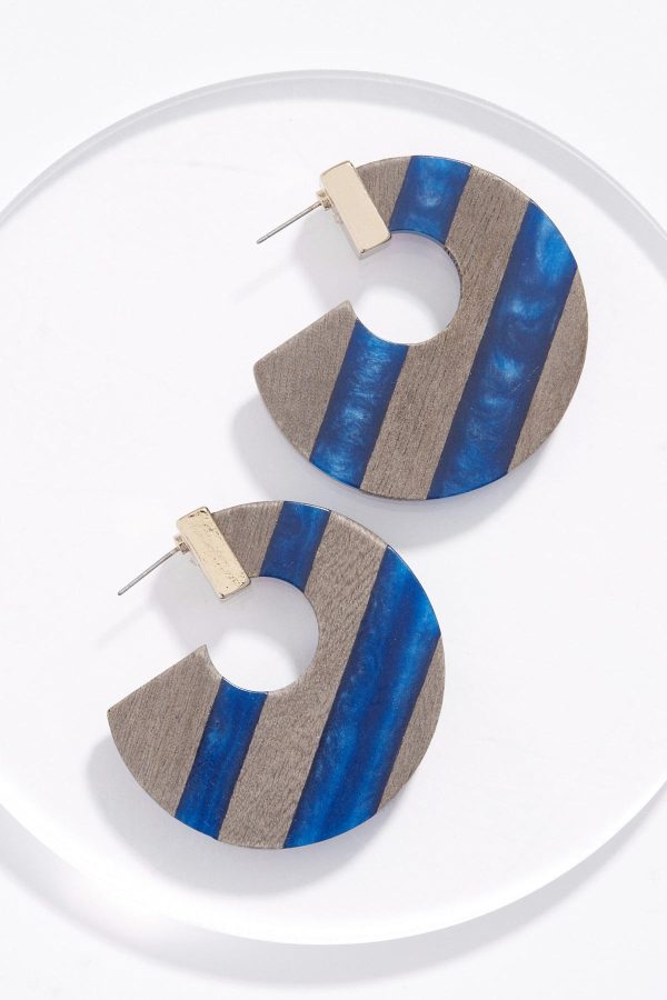 Blue Wood Striped Hoop Earrings