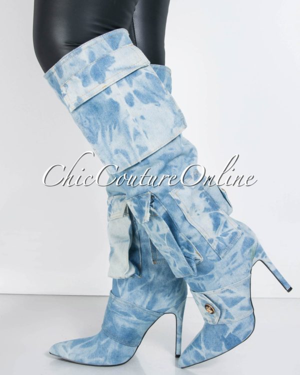 Chiarra Light Denim Tie-Dye Cargo Pockets High Boots