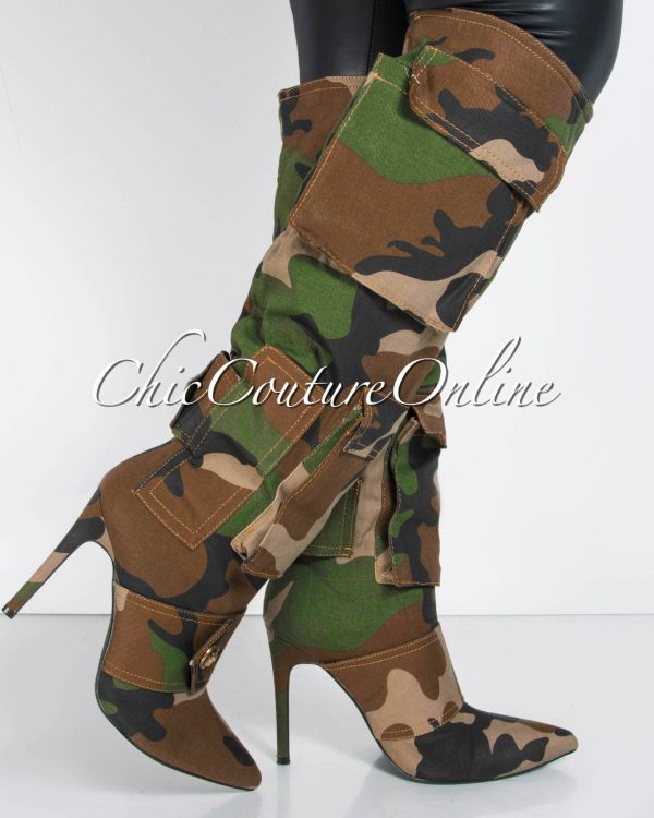 Chiarra Camo Print Cargo Pockets High Boots - Image 3