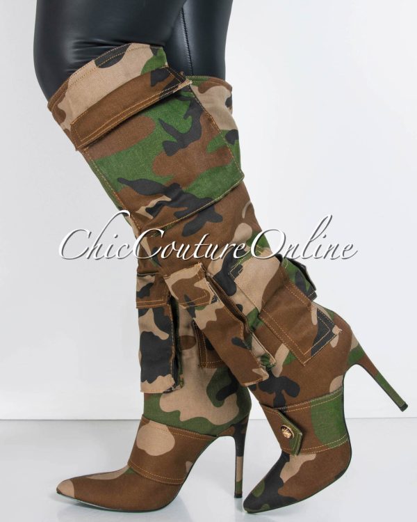 Chiarra Camo Print Cargo Pockets High Boots