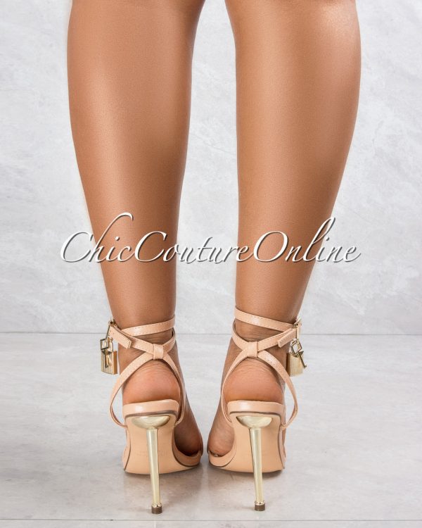 Banks Nude Gold Lock and Key Pointed Toe Heels - Image 4