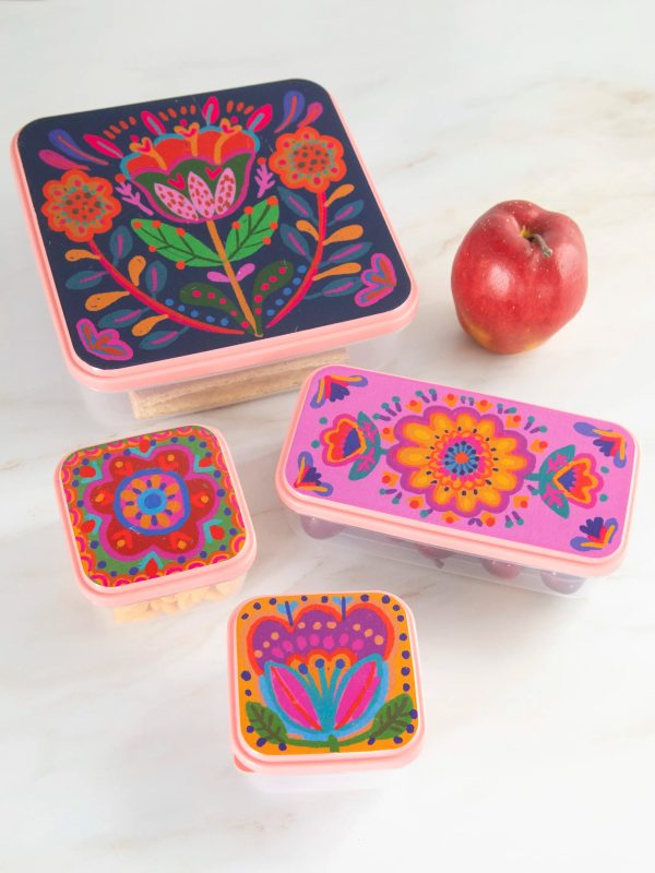 Nesting Storage Containers, Set of 4 - Light Pink Folk Flower