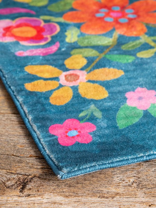 Chenille Rug, 2' x 3' - Teal Folk Floral - Image 4