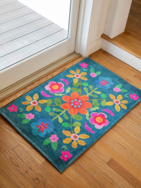 Chenille Rug, 2' x 3' - Teal Folk Floral