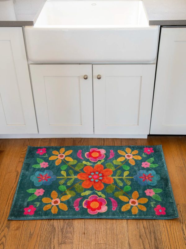 Chenille Rug, 2' x 3' - Teal Folk Floral - Image 5