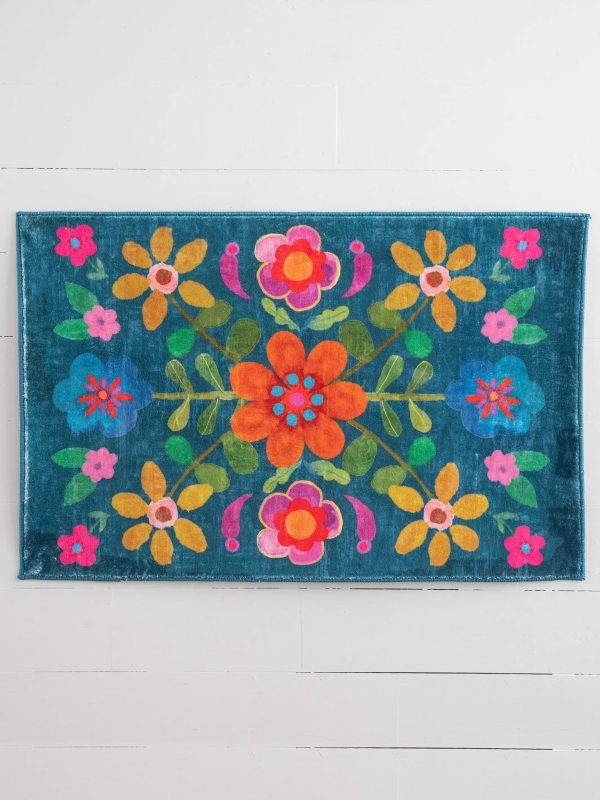 Chenille Rug, 2' x 3' - Teal Folk Floral - Image 3