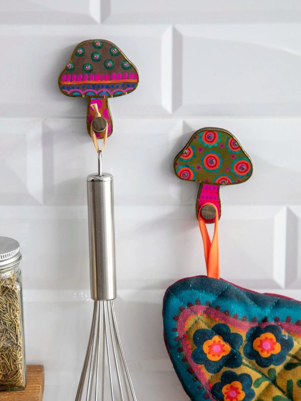 Adhesive Wooden Wall Hooks, Set of 2 - Mushroom